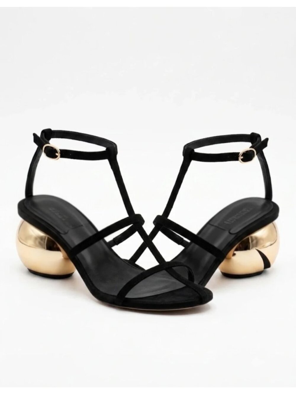 Deltan Black Strappy Leather Sandals with Gold Sphere Heel – Size 6 (BNWT)